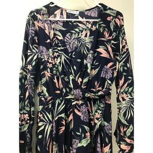 Fashion Leader Women Dress Blue L Floral Print long sleeve v neck